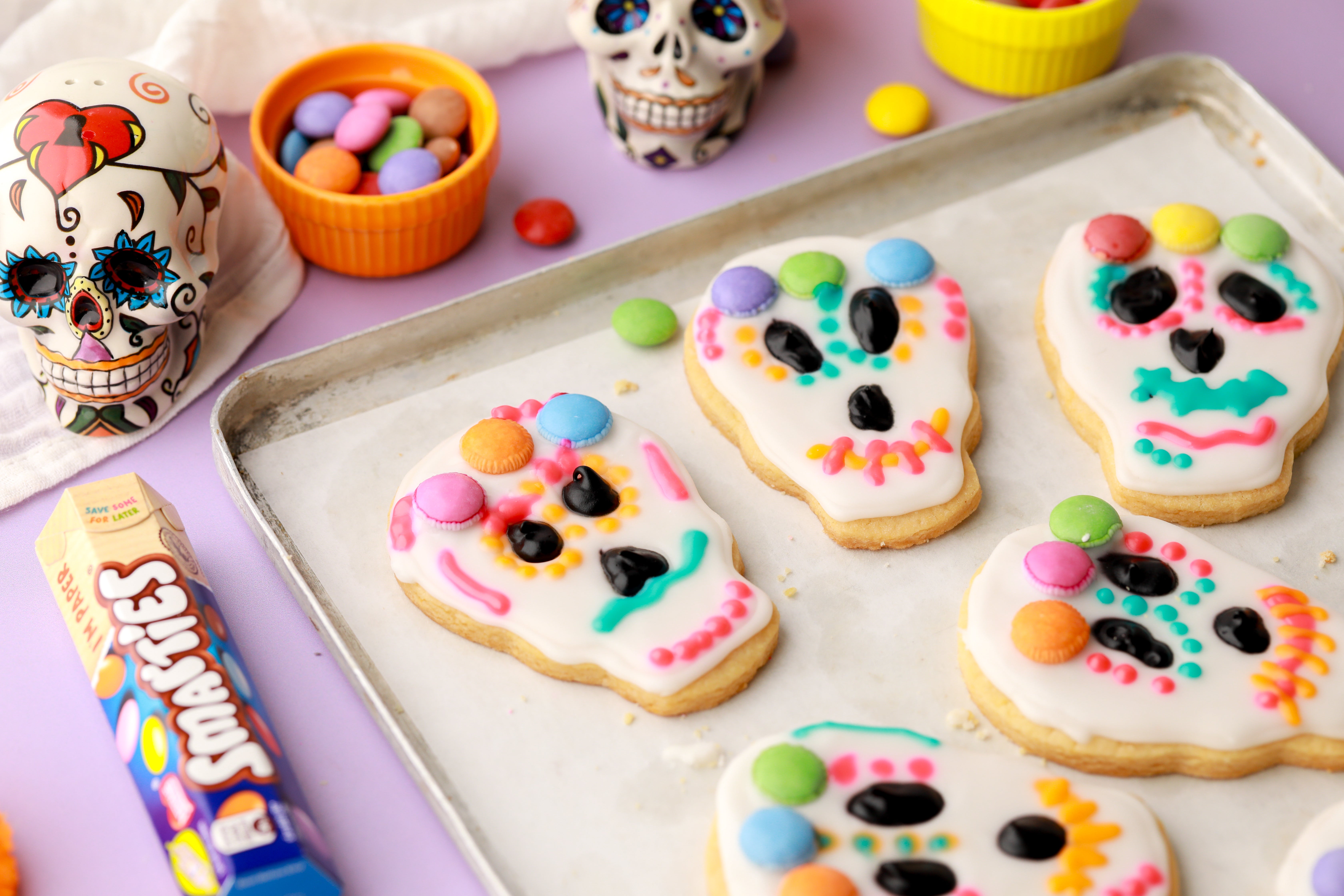 close up of day of the dead themes smarties biscuits